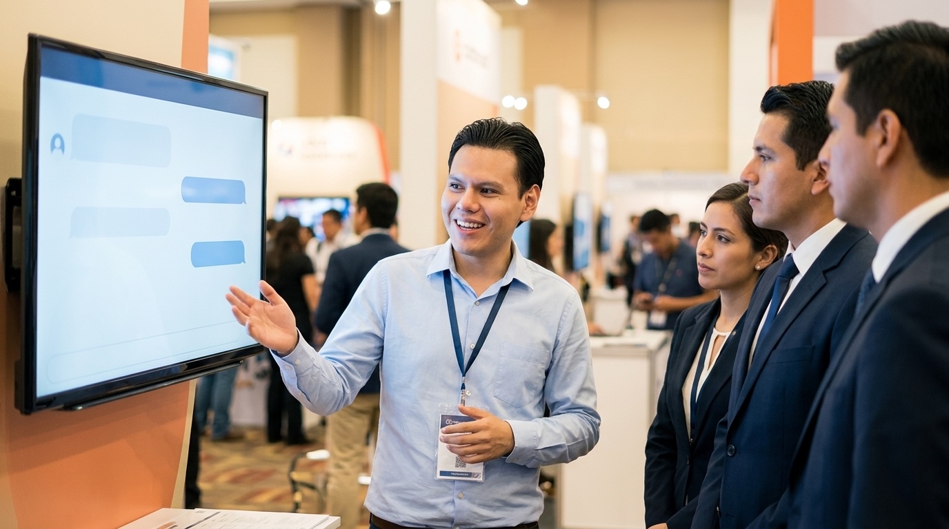 Alvaro presentando un bot a empresarios en una feria de tecnología en Lima, 2018